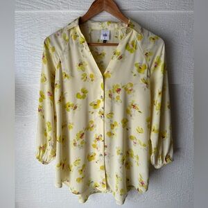 Cabi Floral Blouse XS Yellow Pink Button Front Lightweight Top